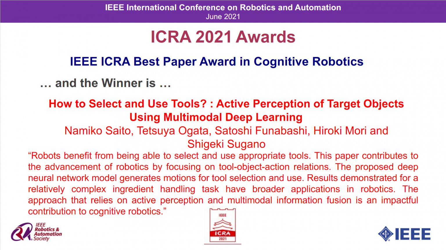 ICRA 2021 Best Paper Award in Cognitive Robotics を受賞しました（本プログラムL4生 斎藤